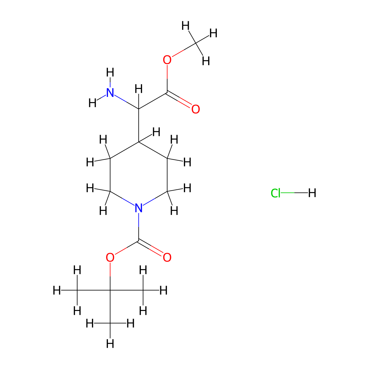 Tert-butyl 4-(1-amino-2-methoxy-2-oxoethyl)piperidine-1-carboxylate hydrochloride molecular structure, CAS 2613384-63-5