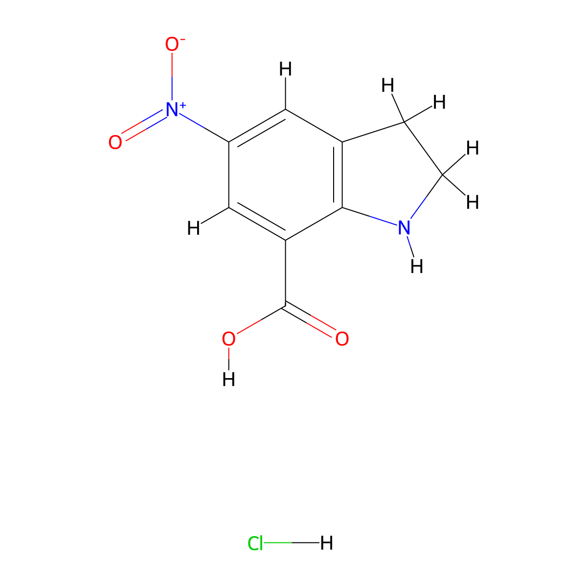 5-nitro-2,3-dihydro-1H-indole-7-carboxylic acid hydrochloride molecular structure, CAS 2613385-78-5