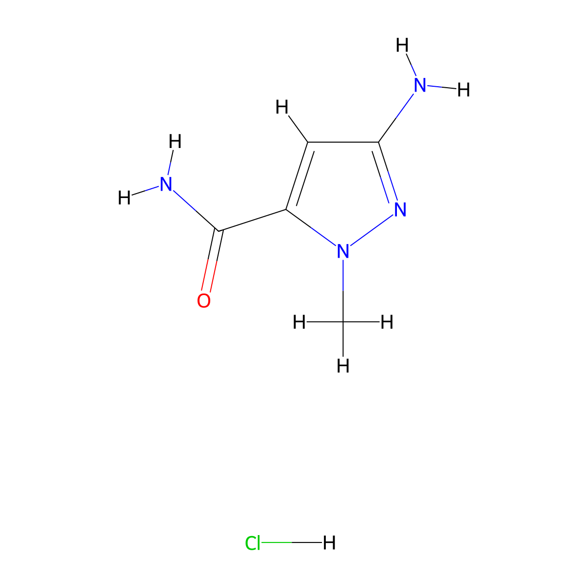 3-amino-1-methyl-1H-pyrazole-5-carboxamide hydrochloride molecular structure, CAS 2613389-03-8