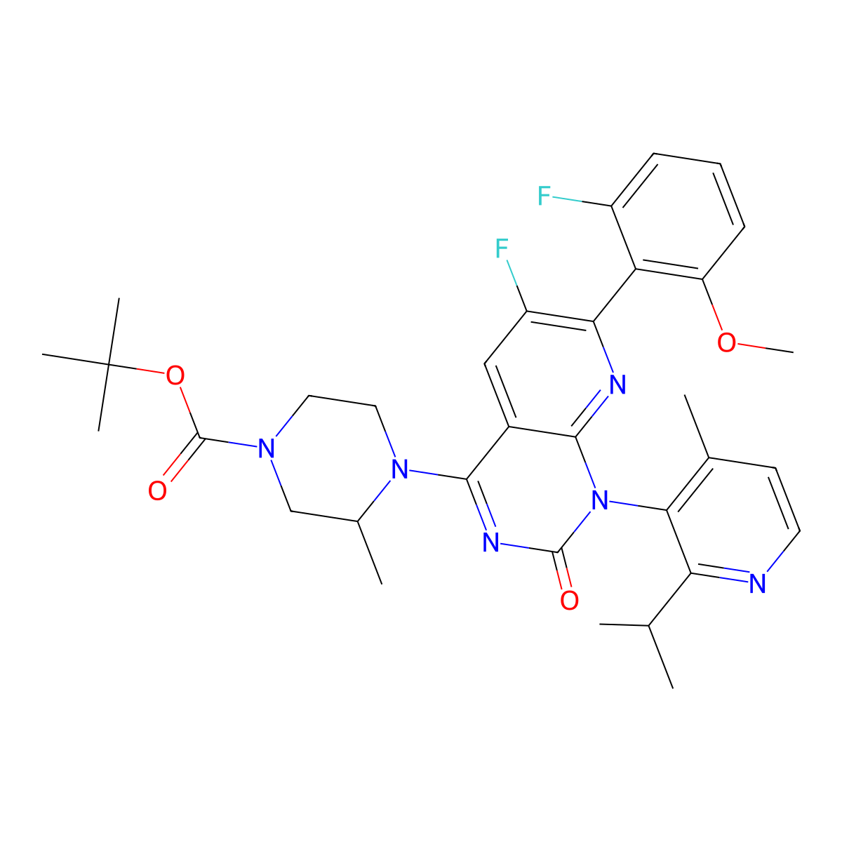 Tert-butyl (3S)-4-(6-fluoro-7-(2-fluoro-6-methoxyphenyl)-1-(2-isopropyl-4-methylpyridin-3-yl)-2-oxo-1,2-dihydropyrido[2,3-d]pyrimidin-4-yl)-3-methylpiperazine-1-carboxylate molecular structure, CAS 2614260-21-6