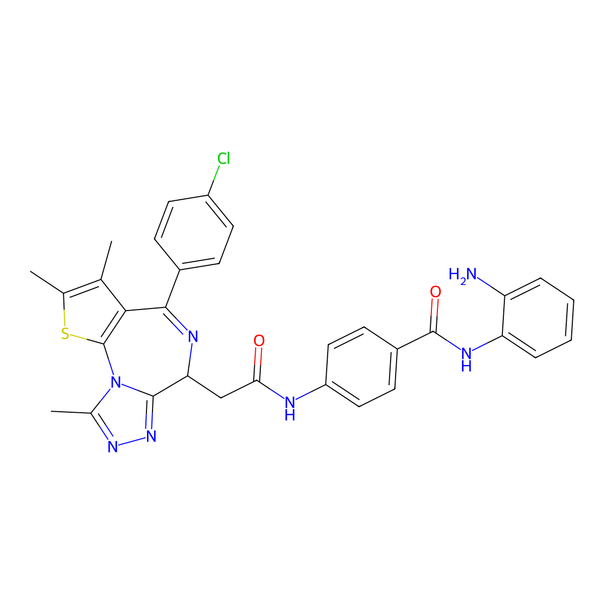 N-(2-aminophenyl)-4-[[2-[(9S)-7-(4-chlorophenyl)-4,5,13-trimethyl-3-thia-1,8,11,12-tetrazatricyclo[8.3.0.02,6]trideca-2(6),4,7,10,12-pentaen-9-yl]acetyl]amino]benzamide molecular structure, CAS 2614417-90-0