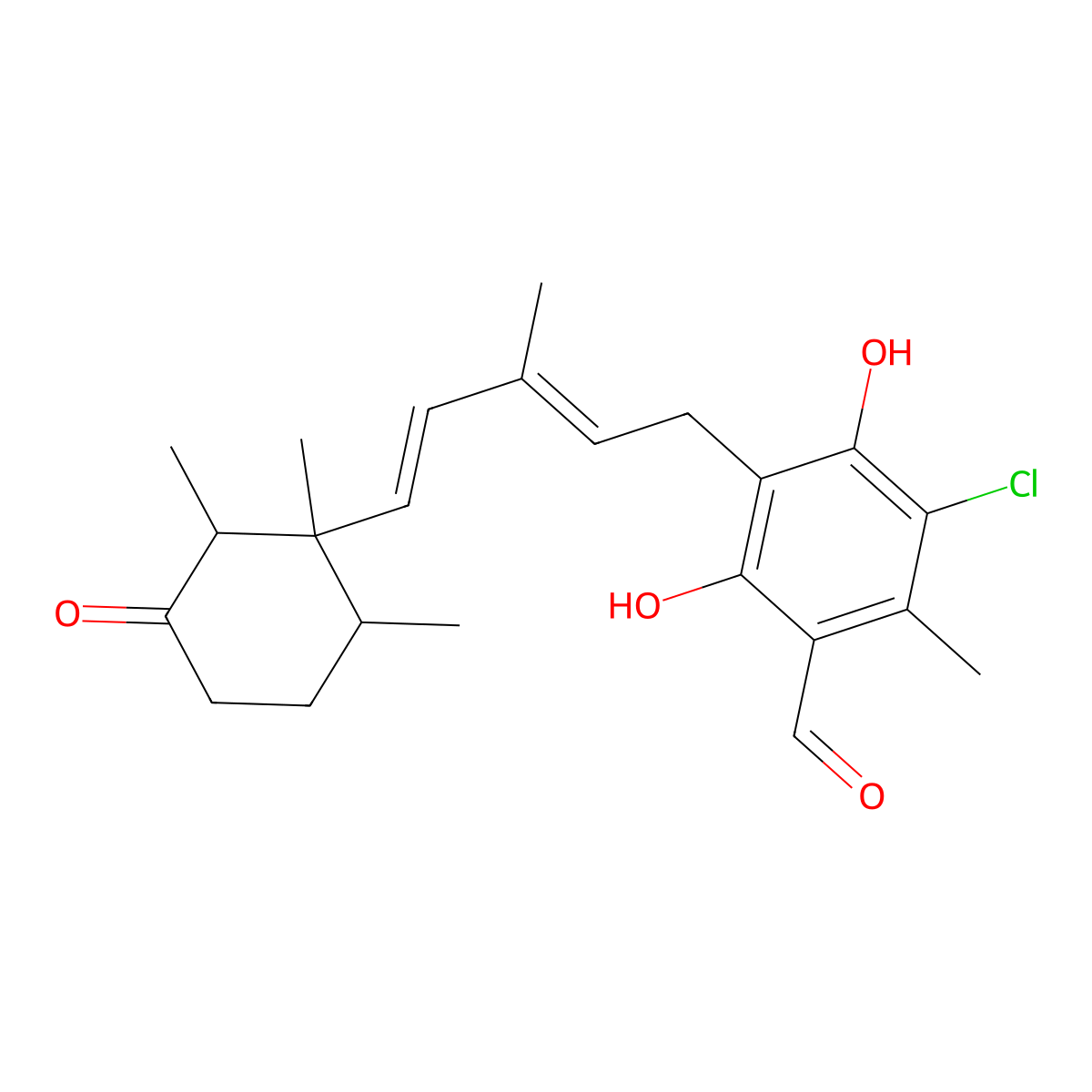 3-Chloro-4,6-dihydroxy-2-methyl-5-((2E,4E)-3-methyl-5-((1R,2R,6R)-1,2,6-trimethyl-3-oxocyclohexyl)-2,4-pentadien-1-yl)benzaldehyde molecular structure, CAS 26166-39-2