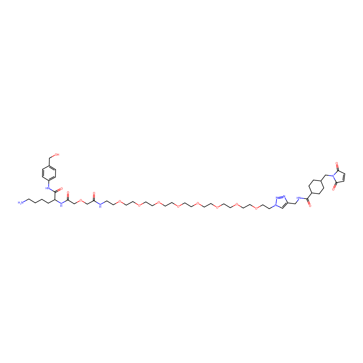 N-[[1-[2-[2-[2-[2-[2-[2-[2-[2-[2-[[2-[2-[[(2S)-6-amino-1-[4-(hydroxymethyl)anilino]-1-oxohexan-2-yl]amino]-2-oxoethoxy]acetyl]amino]ethoxy]ethoxy]ethoxy]ethoxy]ethoxy]ethoxy]ethoxy]ethoxy]ethyl]triazol-4-yl]methyl]-4-[(2,5-dioxopyrrol-1-yl)methyl]cyclohexane-1-carboxamide molecular structure, CAS 2616704-22-2