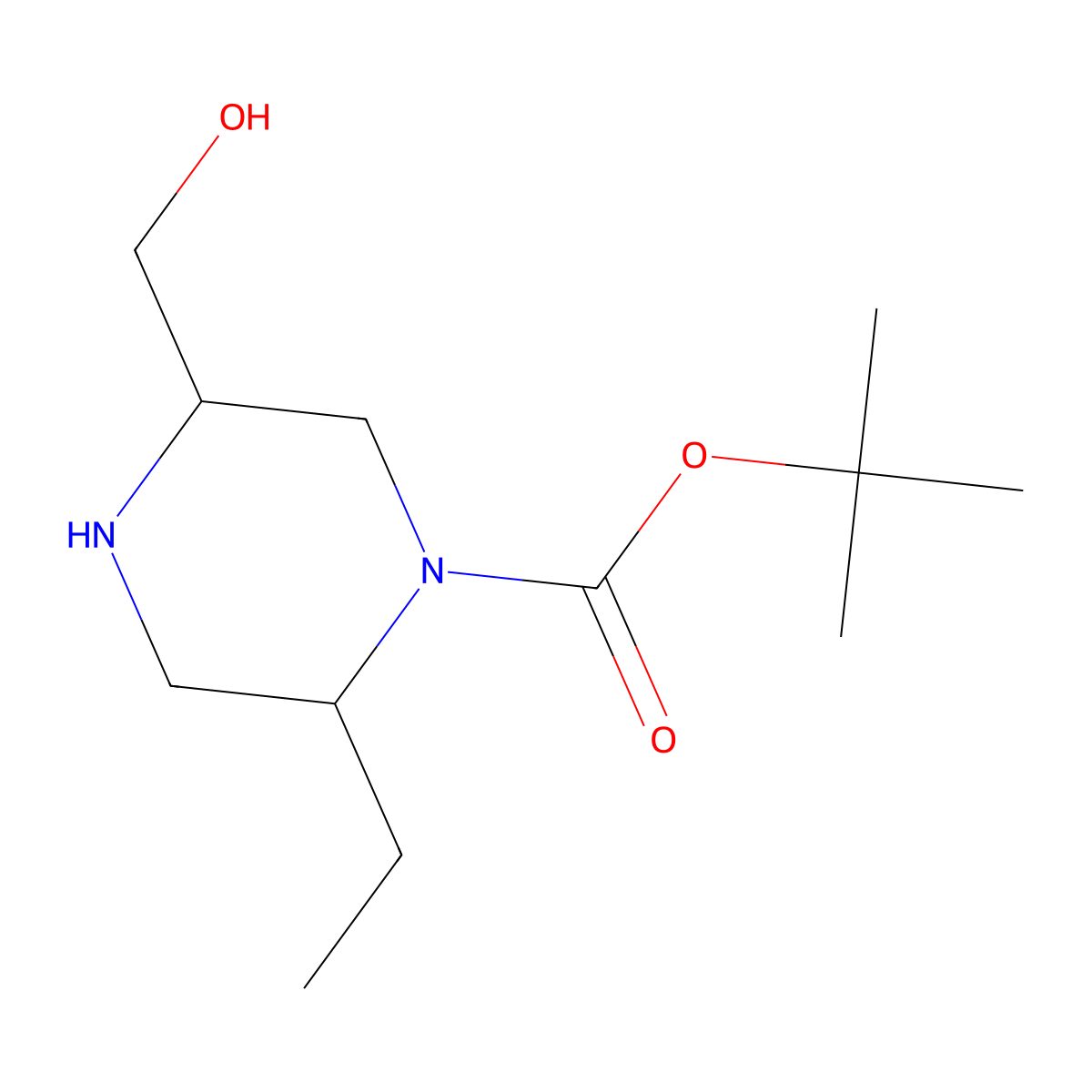 Tert-butyl (2R,5R)-2-ethyl-5-(hydroxymethyl)piperazine-1-carboxylate molecular structure, CAS 2618423-62-2