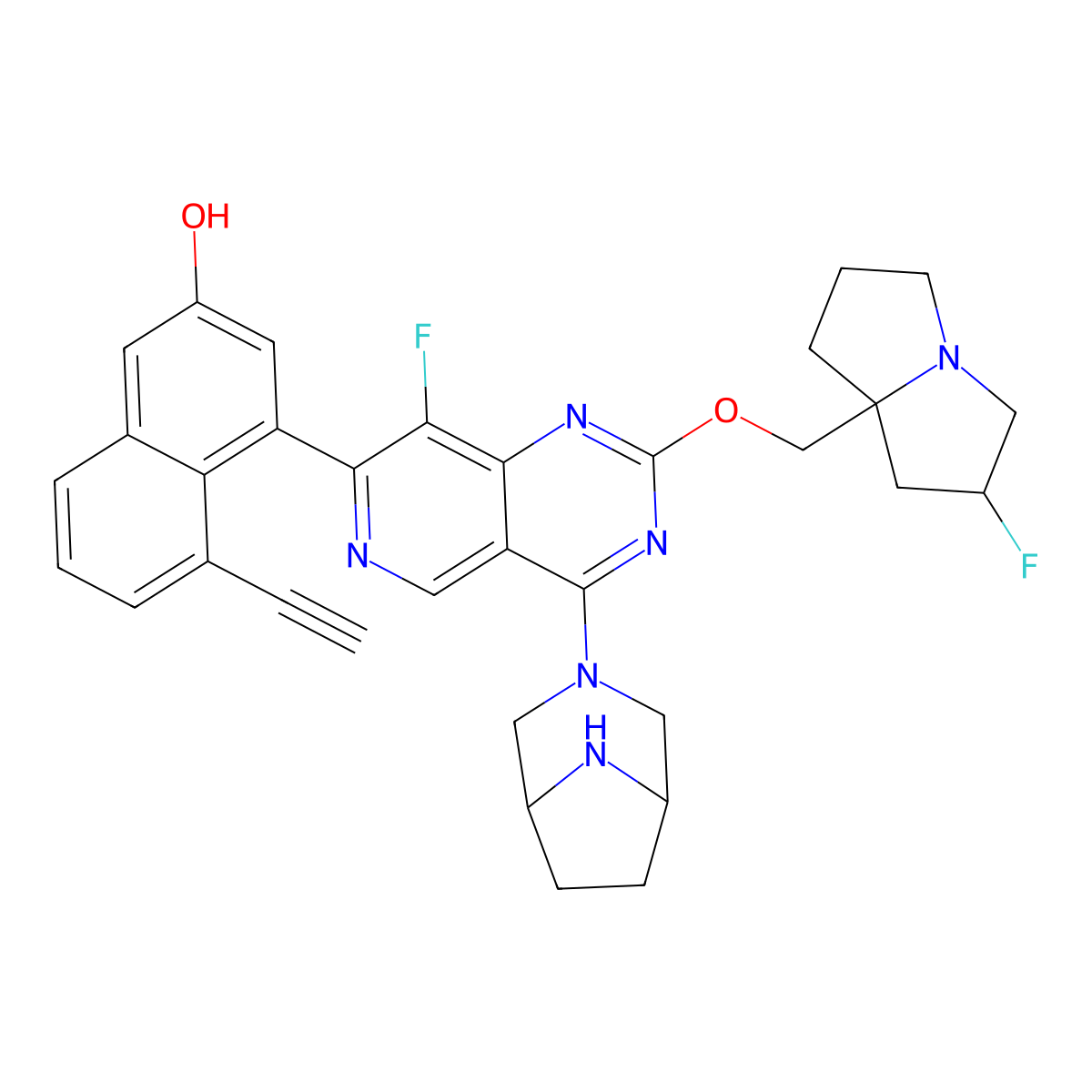 4-[4-[(1R,5S)-3,8-diazabicyclo[3.2.1]octan-3-yl]-8-fluoro-2-[[(2R,8S)-2-fluoro-1,2,3,5,6,7-hexahydropyrrolizin-8-yl]methoxy]pyrido[4,3-d]pyrimidin-7-yl]-5-ethynylnaphthalen-2-ol molecular structure, CAS 2621928-43-4