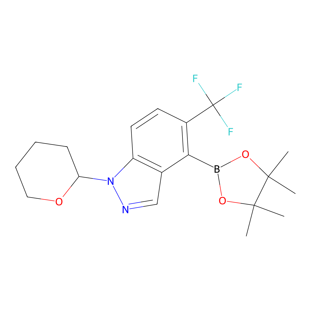 1-Tetrahydropyran-2-yl-4-(4,4,5,5-tetramethyl-1,3,2-dioxaborolan-2-yl)-5-(trifluoromethyl)indazole molecular structure, CAS 2621939-51-1