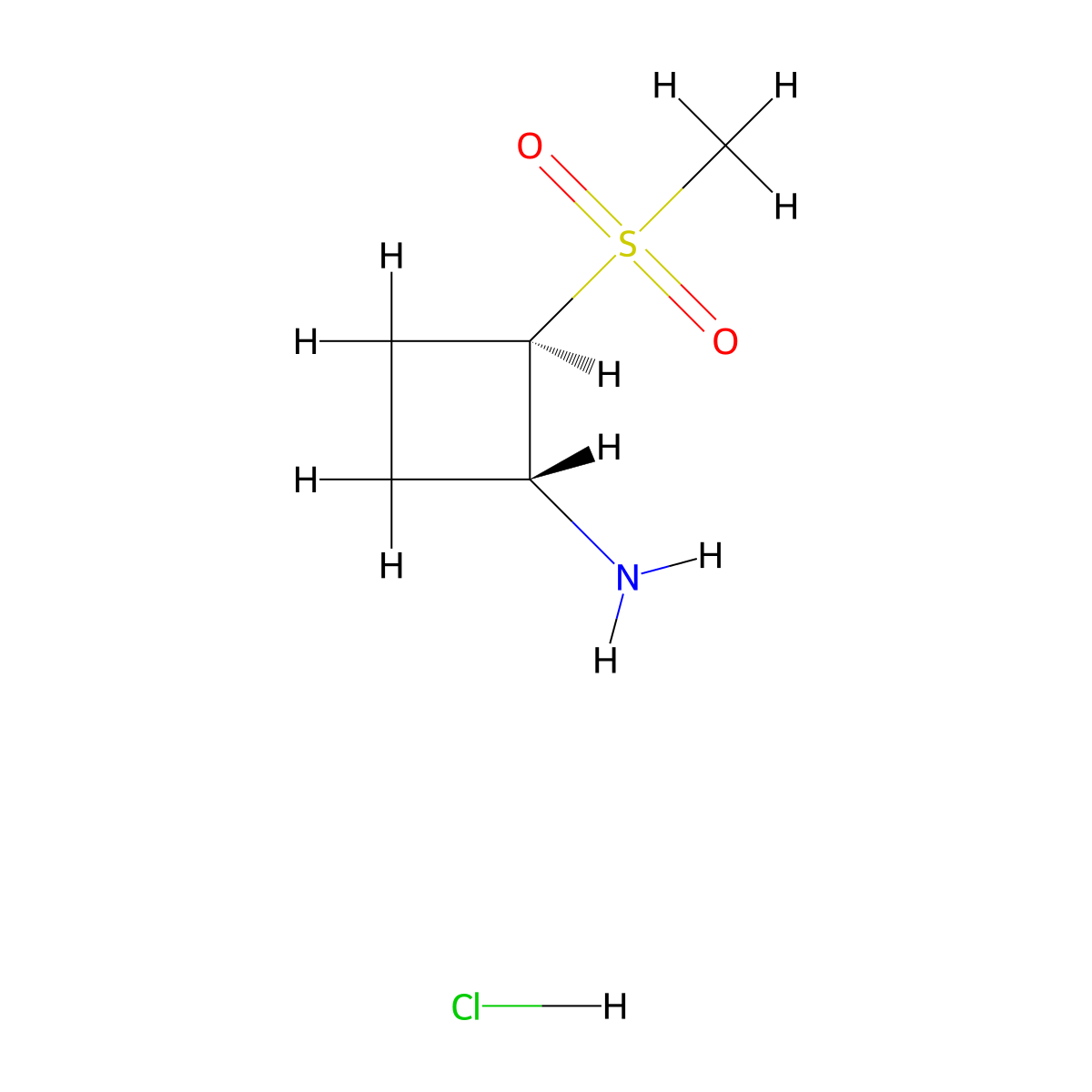 rac-(1R,2R)-2-methanesulfonylcyclobutan-1-amine hydrochloride, trans molecular structure, CAS 2624108-62-7