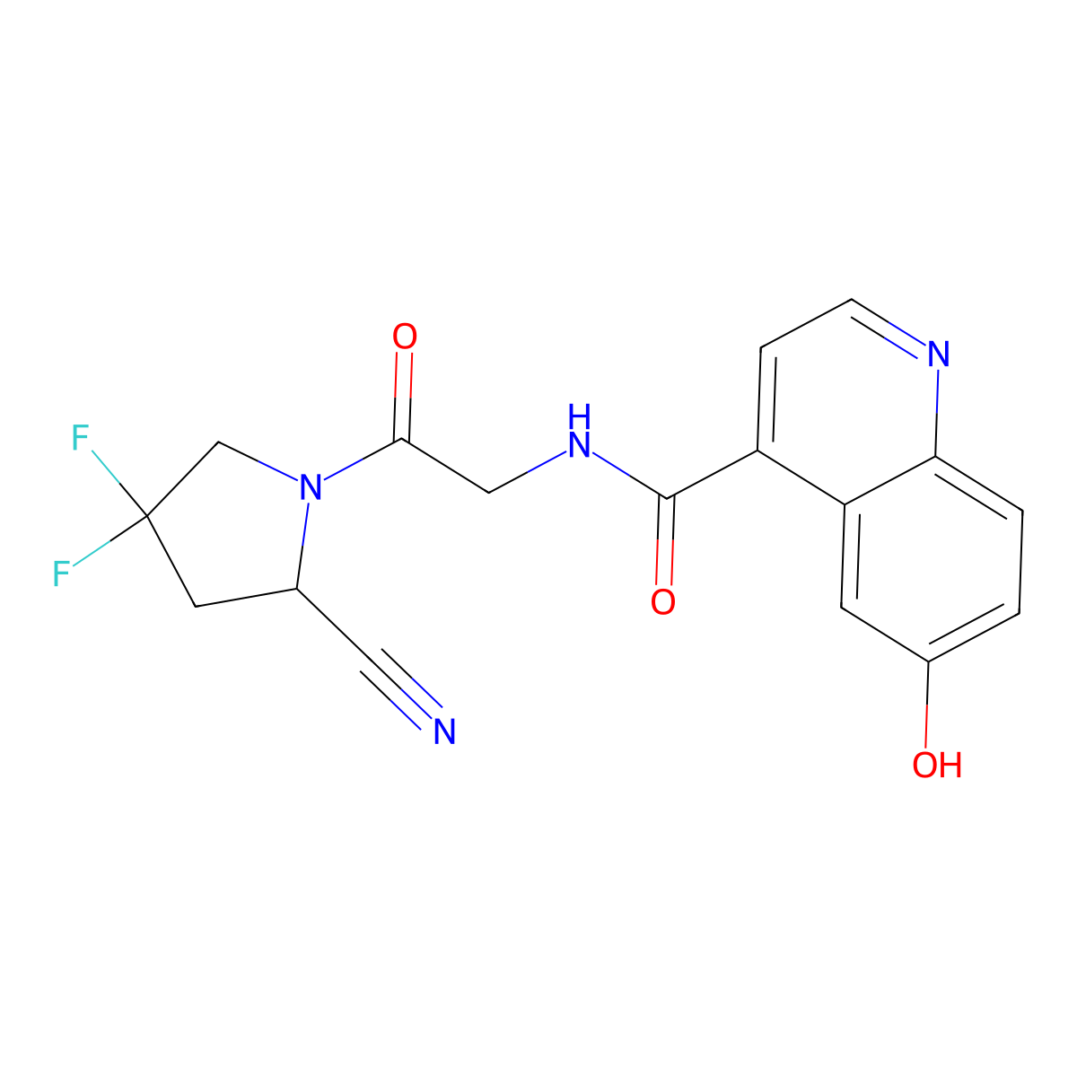 N-(2-((2S)-2-cyano-4,4-difluoropyrrolidin-1-yl)-2-oxoethyl)-6-hydroxyquinoline-4-carboxamide molecular structure, CAS 2624108-87-6