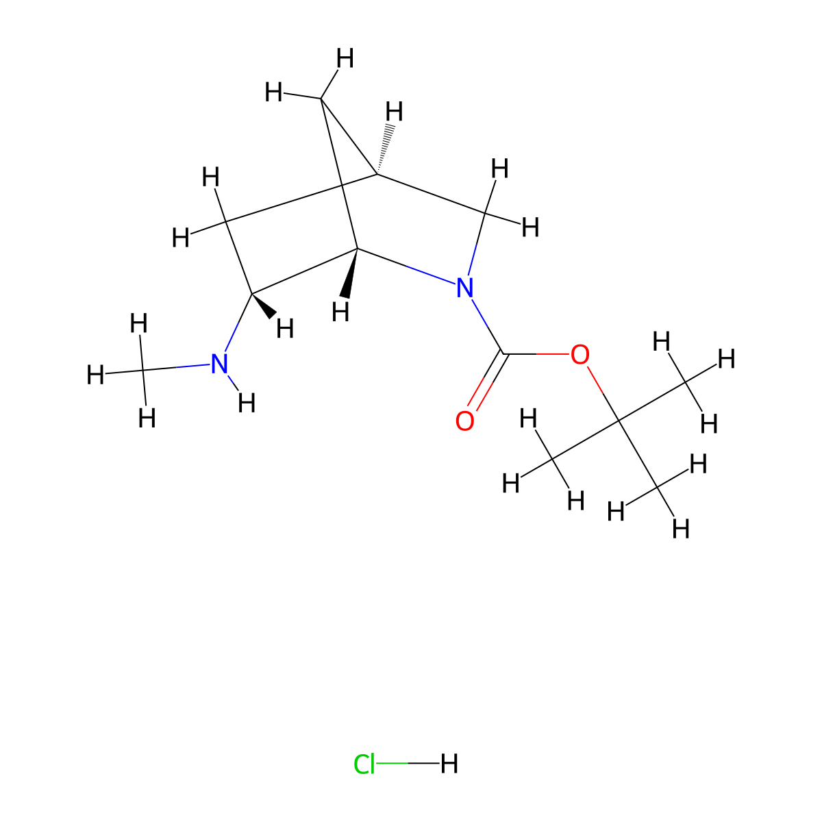 rac-tert-butyl (1R,4R,6S)-6-(methylamino)-2-azabicyclo[2.2.1]heptane-2-carboxylate hydrochloride, endo molecular structure, CAS 2624108-91-2