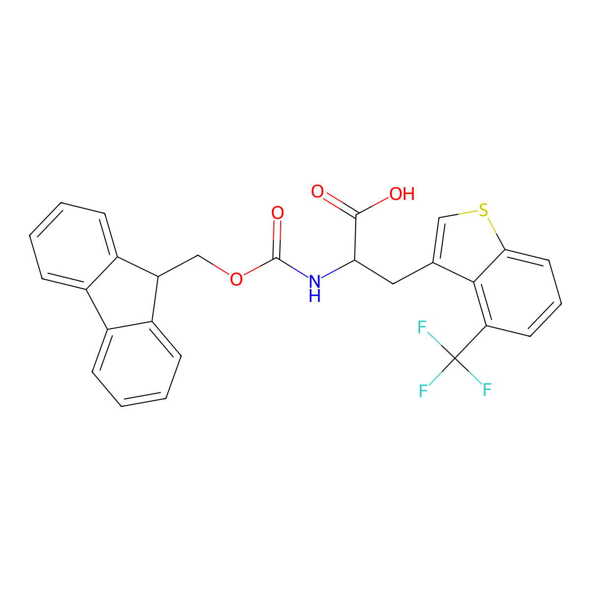 (2S)-2-({[(9H-fluoren-9-yl)methoxy]carbonyl}amino)-3-[4-(trifluoromethyl)-1-benzothiophen-3-yl]propanoic acid molecular structure, CAS 2624108-92-3