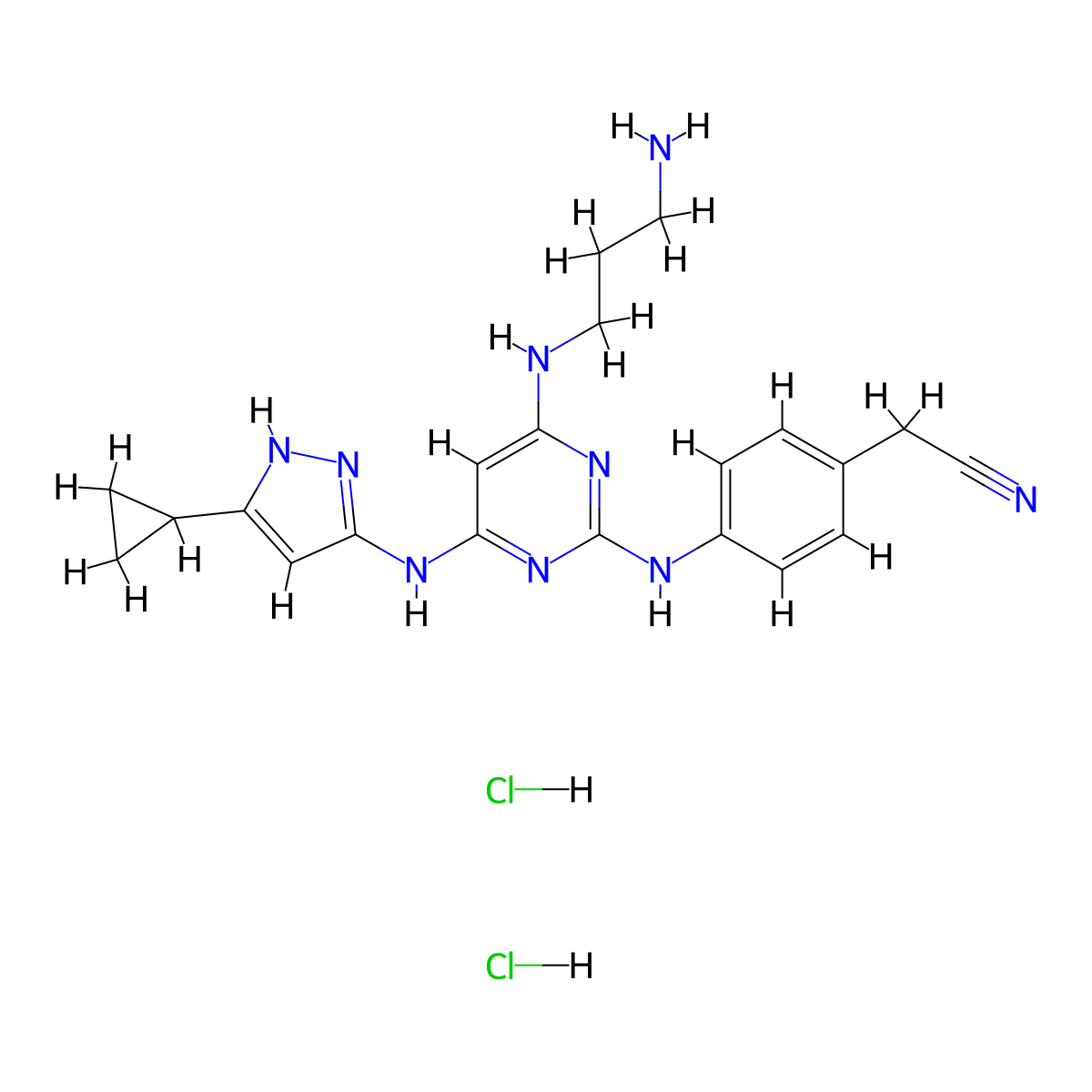 2-[4-({4-[(3-aminopropyl)amino]-6-[(5-cyclopropyl-1H-pyrazol-3-yl)amino]pyrimidin-2-yl}amino)phenyl]acetonitrile dihydrochloride molecular structure, CAS 2624122-52-5
