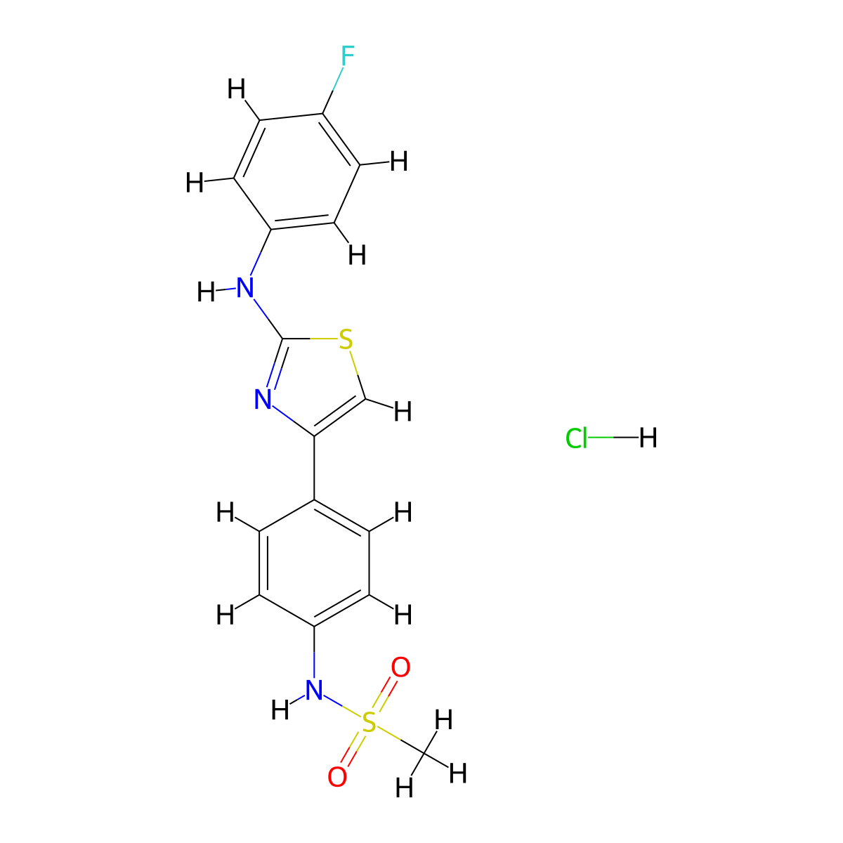 N-(4-{2-[(4-fluorophenyl)amino]-1,3-thiazol-4-yl}phenyl)methanesulfonamide hydrochloride molecular structure, CAS 2624125-29-5