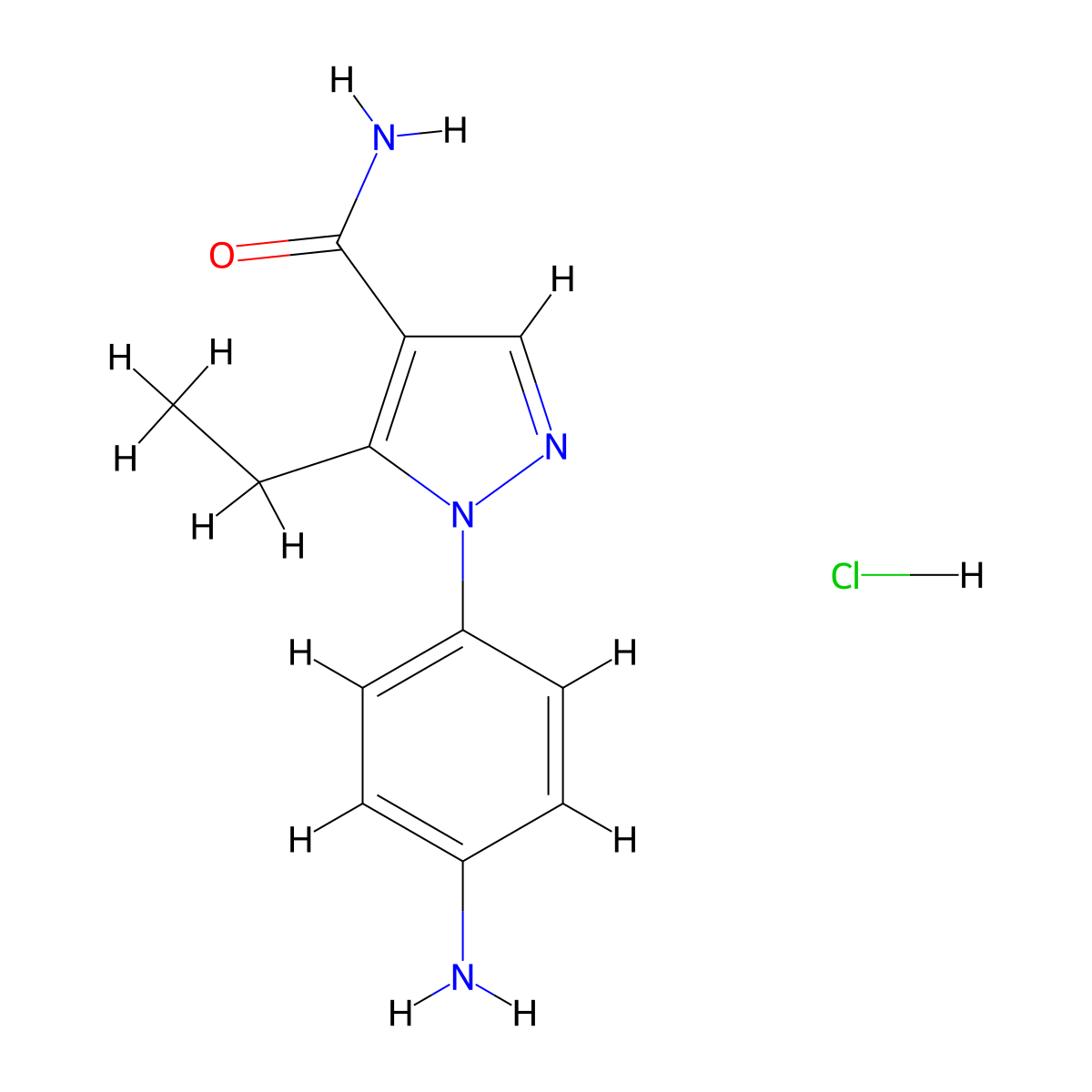 1-(4-aminophenyl)-5-ethyl-1H-pyrazole-4-carboxamide hydrochloride molecular structure, CAS 2624129-76-4