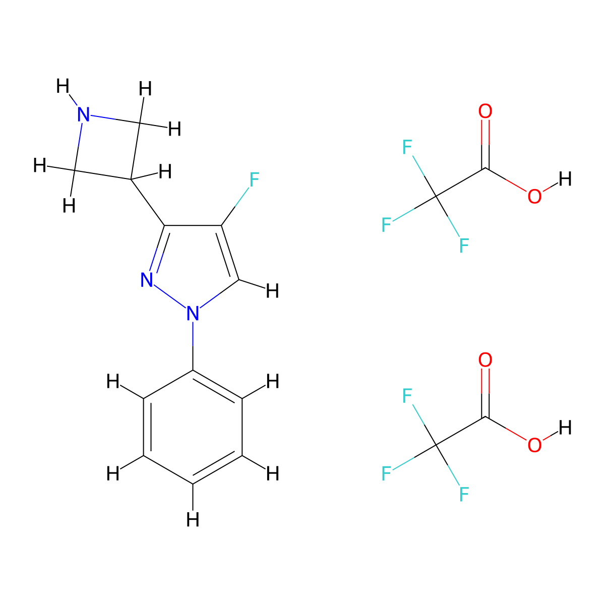 3-(azetidin-3-yl)-4-fluoro-1-phenyl-1H-pyrazole, bis(trifluoroacetic acid) molecular structure, CAS 2624130-14-7