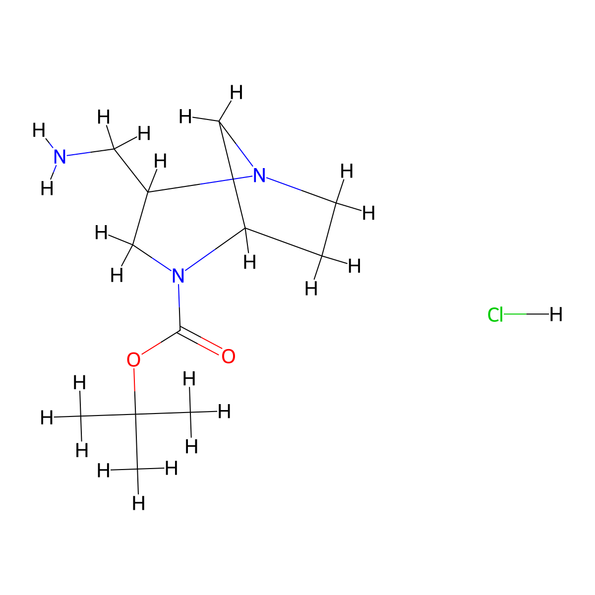 Tert-butyl 2-(aminomethyl)-1,4-diazabicyclo[3.2.1]octane-4-carboxylate hydrochloride molecular structure, CAS 2624130-19-2