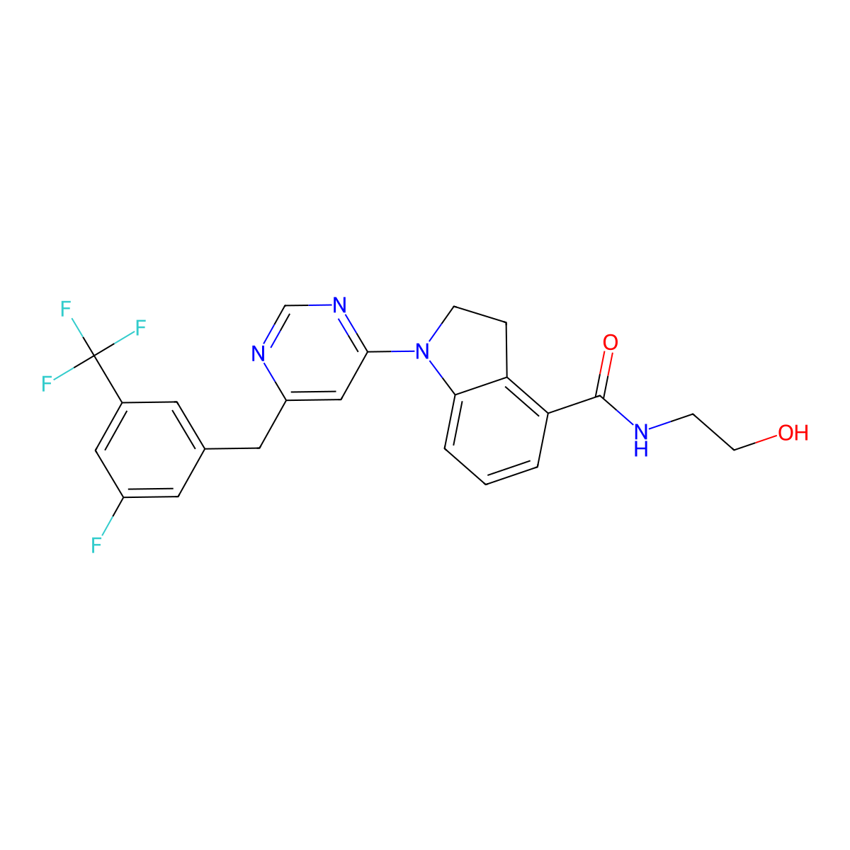 1-(6-(3-fluoro-5-(trifluoromethyl)benzyl)pyrimidin-4-yl)-N-(2-hydroxyethyl)indoline-4-carboxamide molecular structure, CAS 2624131-45-7