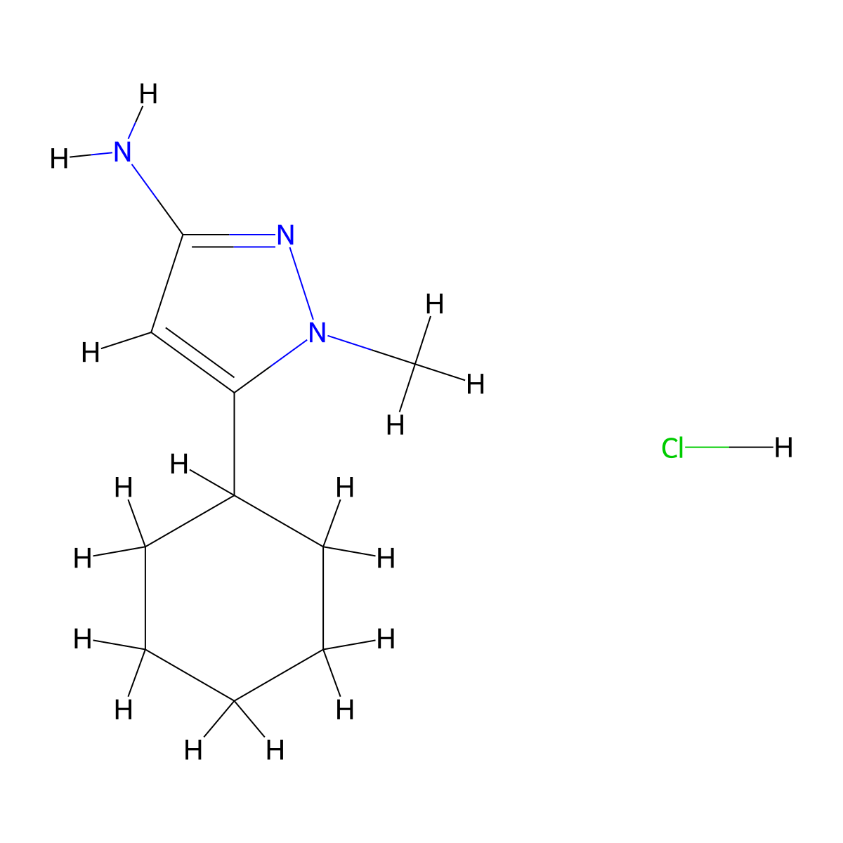 5-cyclohexyl-1-methyl-1H-pyrazol-3-amine hydrochloride molecular structure, CAS 2624136-45-2