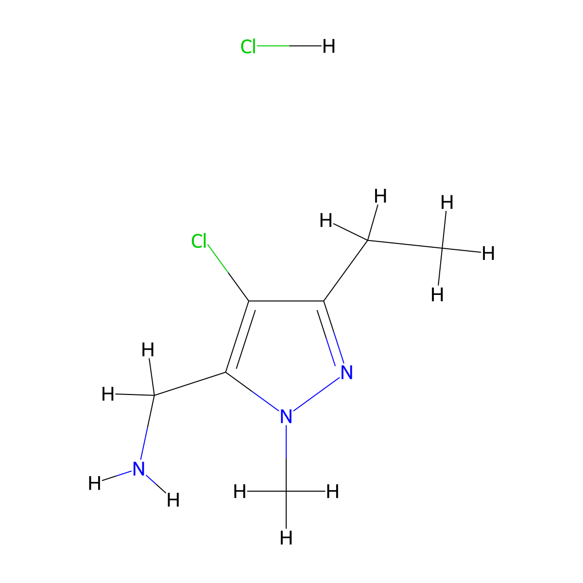 1-(4-chloro-3-ethyl-1-methyl-1H-pyrazol-5-yl)methanamine hydrochloride molecular structure, CAS 2624137-45-5