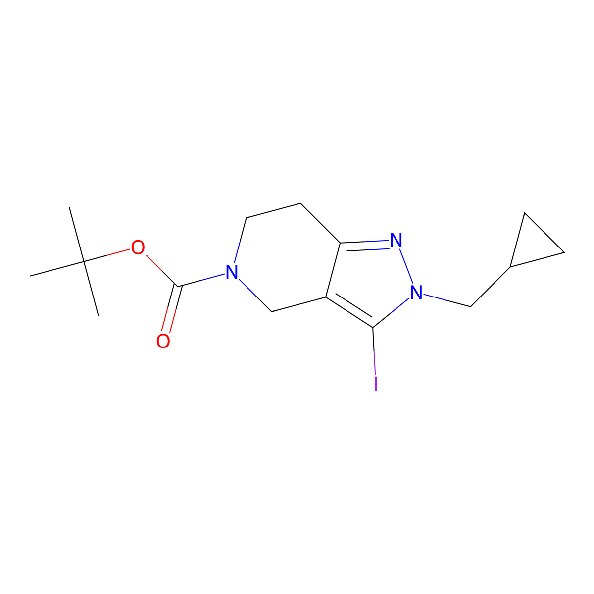 tert-butyl 2-(cyclopropylmethyl)-3-iodo-2H,4H,5H,6H,7H-pyrazolo[4,3-c]pyridine-5-carboxylate molecular structure, CAS 2624137-88-6