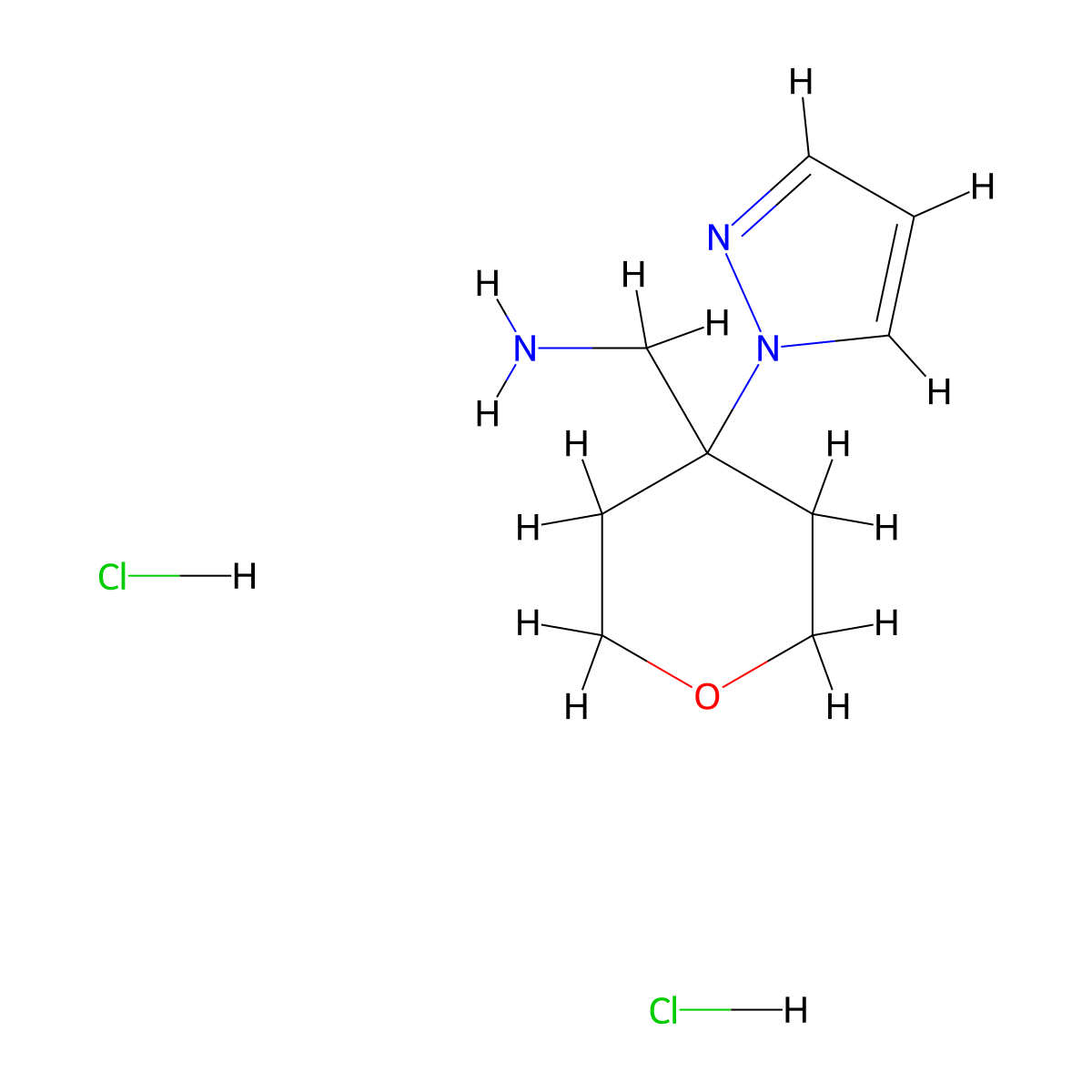 1-[4-(1H-pyrazol-1-yl)oxan-4-yl]methanamine dihydrochloride molecular structure, CAS 2624140-77-6