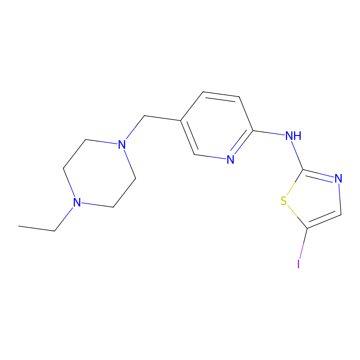 5-[(4-ethylpiperazin-1-yl)methyl]-N-(5-iodo-1,3-thiazol-2-yl)pyridin-2-amine molecular structure, CAS 2624142-31-8
