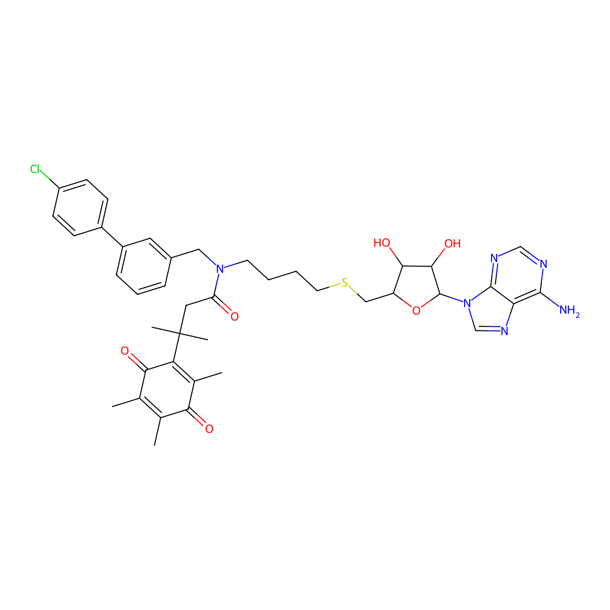 N-[4-[[(2S,3S,4R,5R)-5-(6-aminopurin-9-yl)-3,4-dihydroxyoxolan-2-yl]methylsulfanyl]butyl]-N-[[3-(4-chlorophenyl)phenyl]methyl]-3-methyl-3-(2,4,5-trimethyl-3,6-dioxocyclohexa-1,4-dien-1-yl)butanamide molecular structure, CAS 2624313-13-7