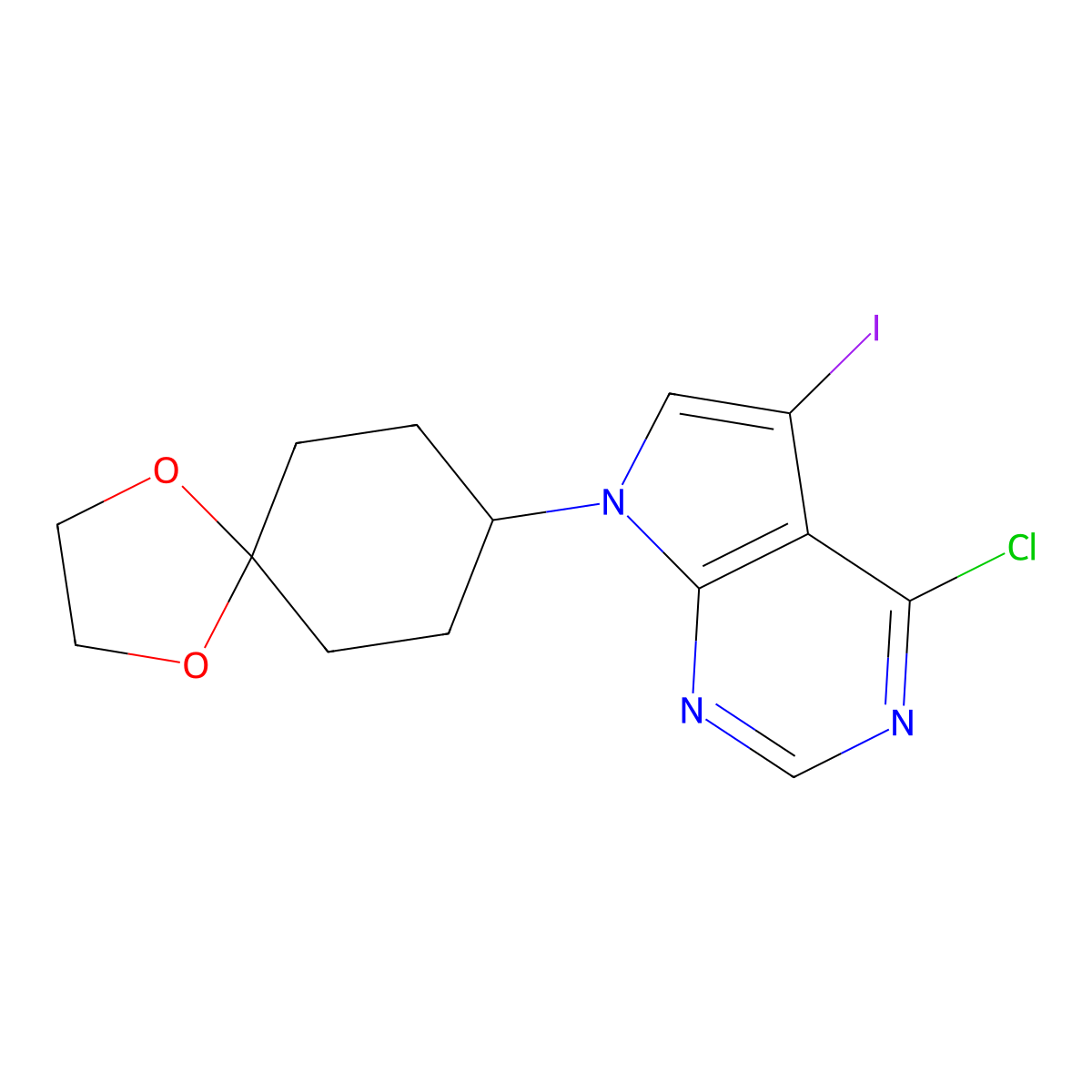 4-chloro-5-iodo-7-(1,4-dioxaspiro[4.5]decan-8-yl)-7H-pyrrolo[2,3-d]pyrimidine molecular structure, CAS 262444-48-4