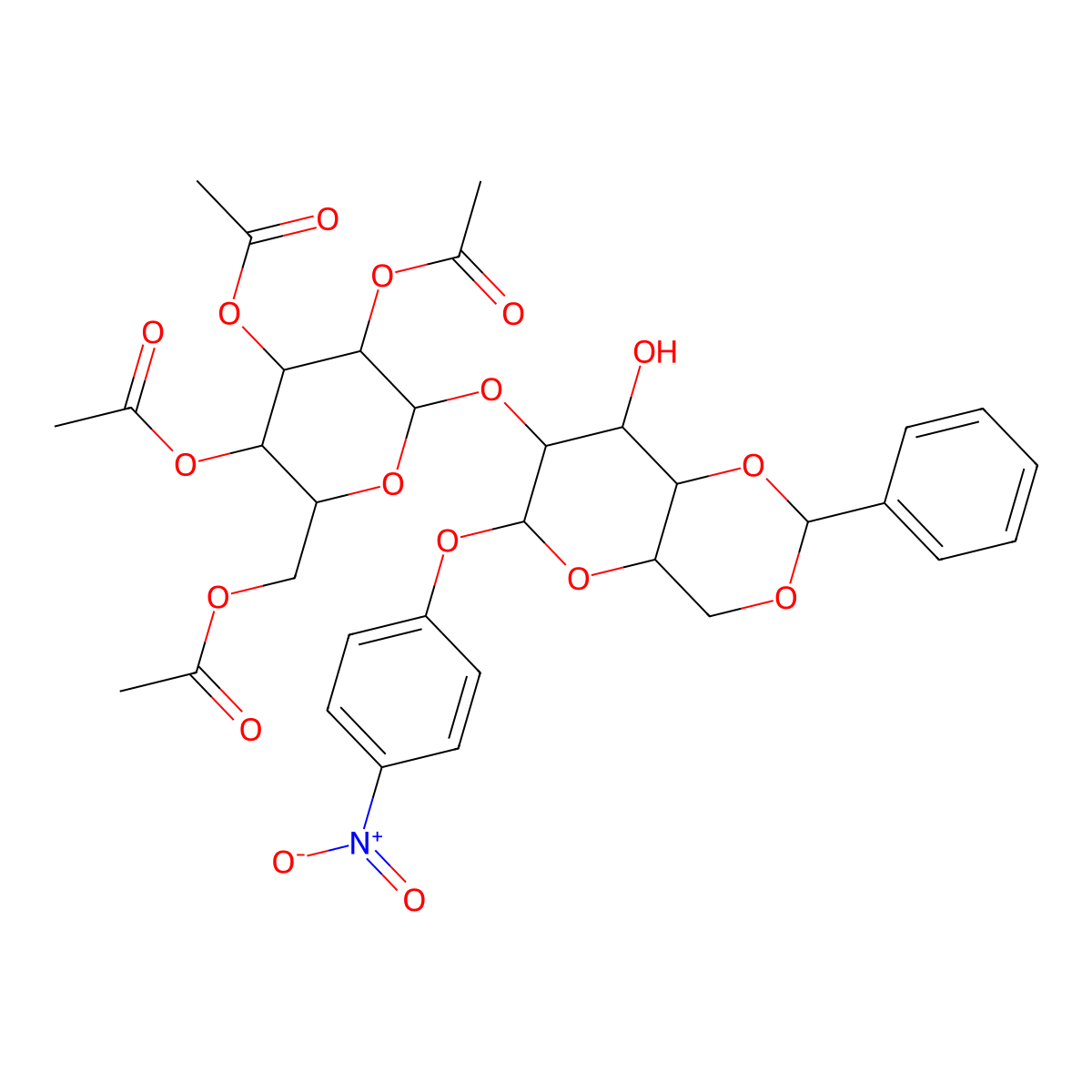 4-Nitrophenyl 4,6-O-benzylidene-2-O-(2,3,4,6-tetra-O-acetyl-beta-D-glucopyranosyl)-beta-D-glucopyranoside molecular structure, CAS 26255-68-5