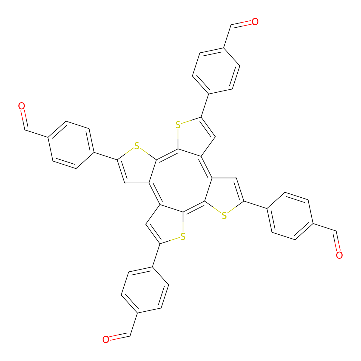4-[(1Z,6Z,11Z,16Z)-9,14,19-tris(4-formylphenyl)-3,10,13,20-tetrathiapentacyclo[15.3.0.02,6.07,11.012,16]icosa-1,4,6,8,11,14,16,18-octaen-4-yl]benzaldehyde molecular structure, CAS 2625875-84-3