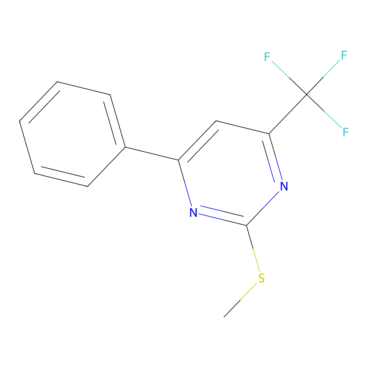 Pyrimidine, 2-(methylthio)-4-phenyl-6-(trifluoromethyl)- molecular structure, CAS 2627-52-3