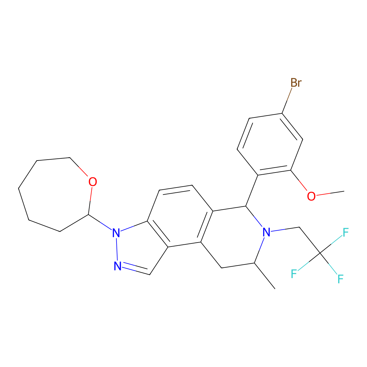 (6S,8R)-6-(4-bromo-2-methoxyphenyl)-8-methyl-3-(oxepan-2-yl)-7-(2,2,2-trifluoroethyl)-3H,6H,7H,8H,9H-pyrido[4,3-e]indazole molecular structure, CAS 2628375-51-7
