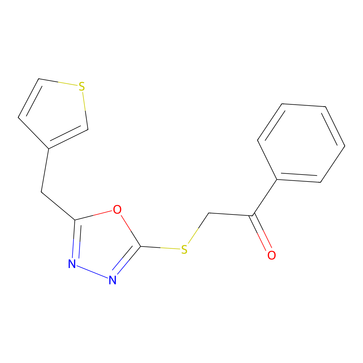 1-Phenyl-2-((5-(3-thienylmethyl)-1,3,4-oxadiazol-2-yl)thio)ethanone molecular structure, CAS 262856-03-1