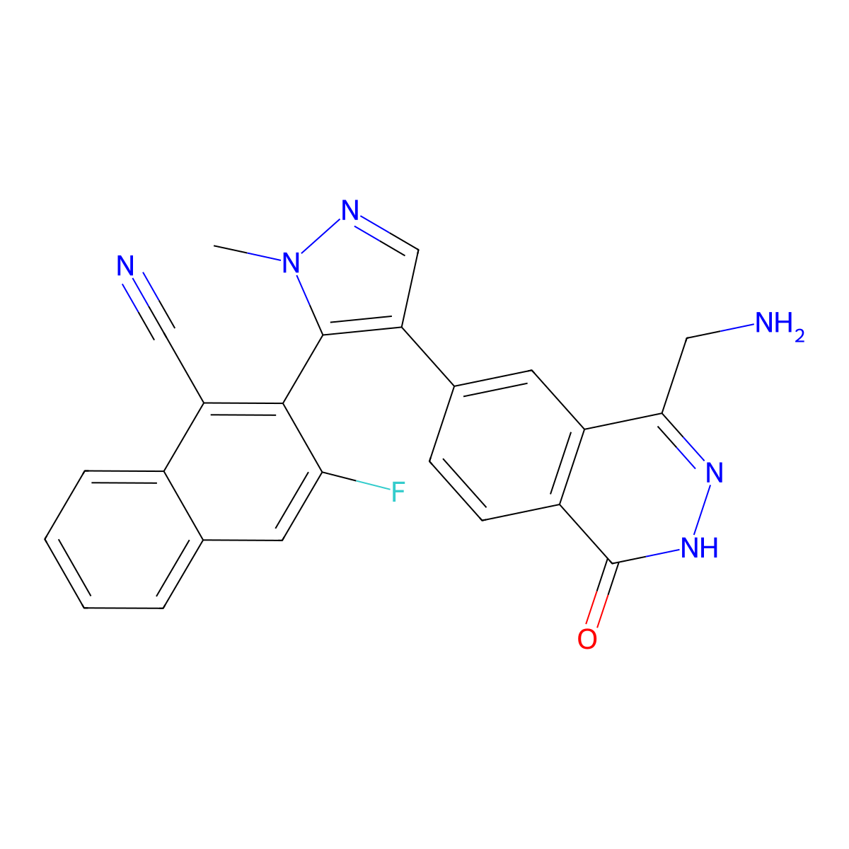 2-(4-(4-(aminomethyl)-1-oxo-1,2-dihydrophthalazin-6-yl)-1-methyl-1H-pyrazol-5-yl)-3-fluoro-1-naphthonitrile molecular structure, CAS 2629314-68-5