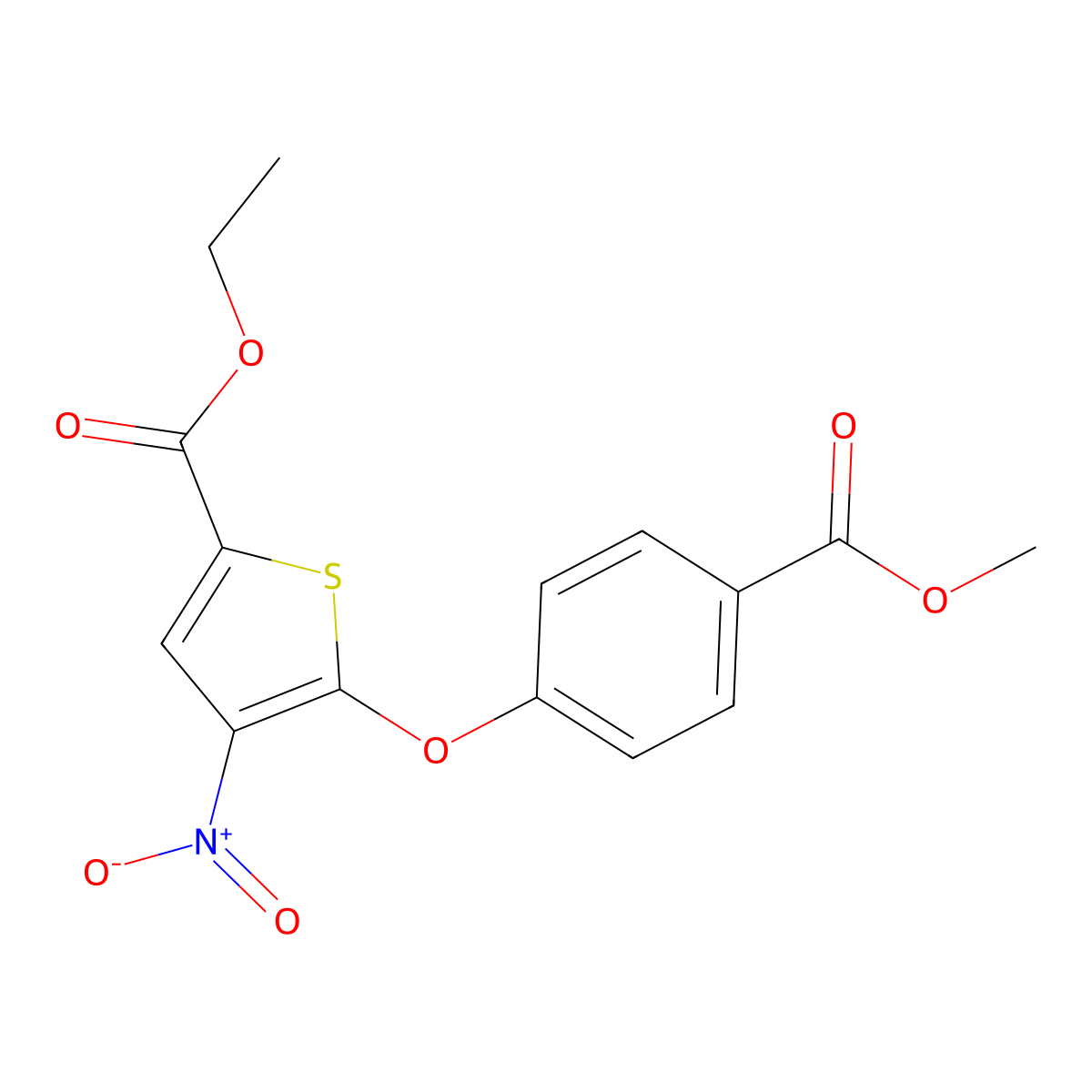 Ethyl 5-(4-(methoxycarbonyl)phenoxy)-4-nitrothiophene-2-carboxylate molecular structure, CAS 2630378-05-9