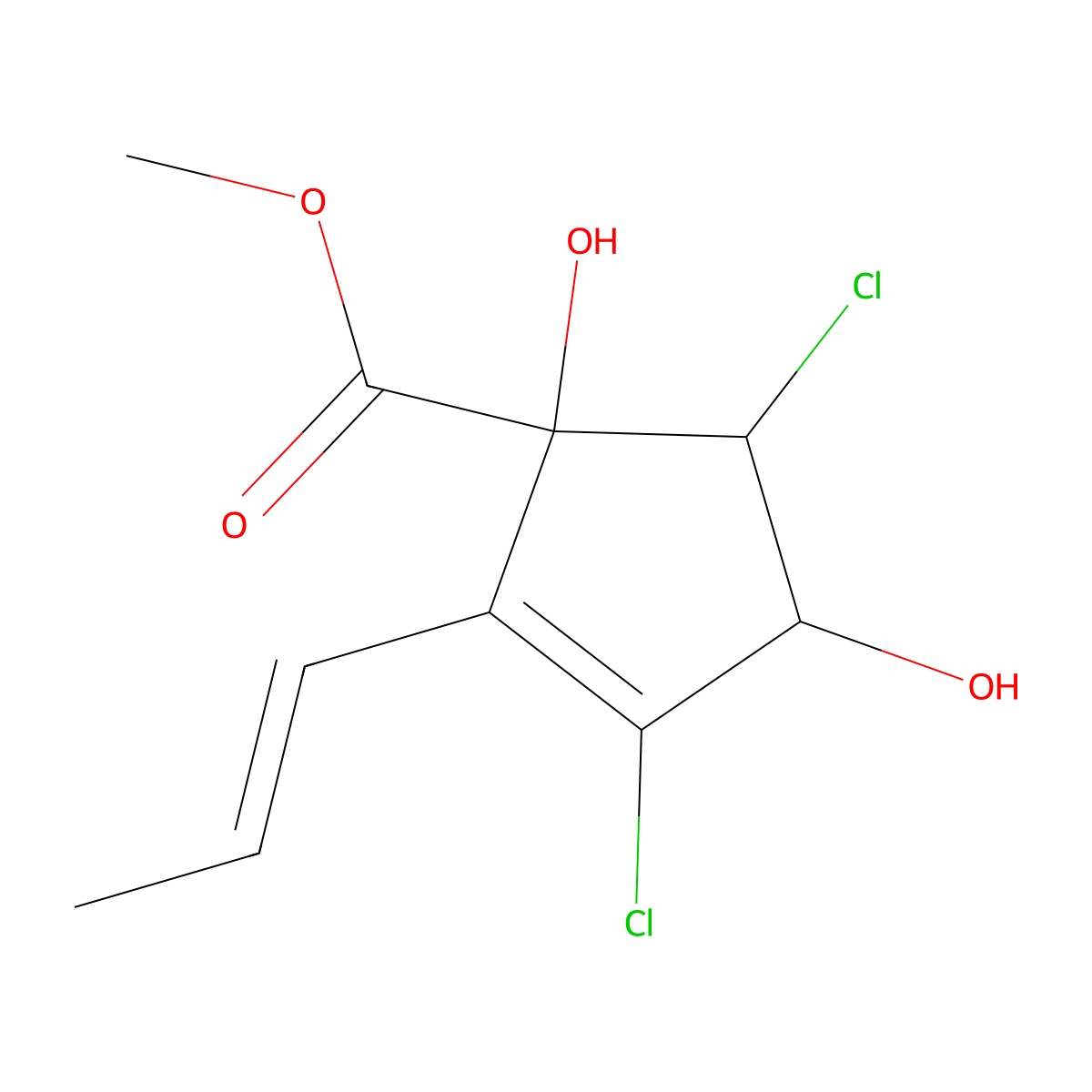 methyl 3,5-dichloro-1,4-dihydroxy-2-[(E)-prop-1-enyl]cyclopent-2-ene-1-carboxylate molecular structure, CAS 26312-75-4
