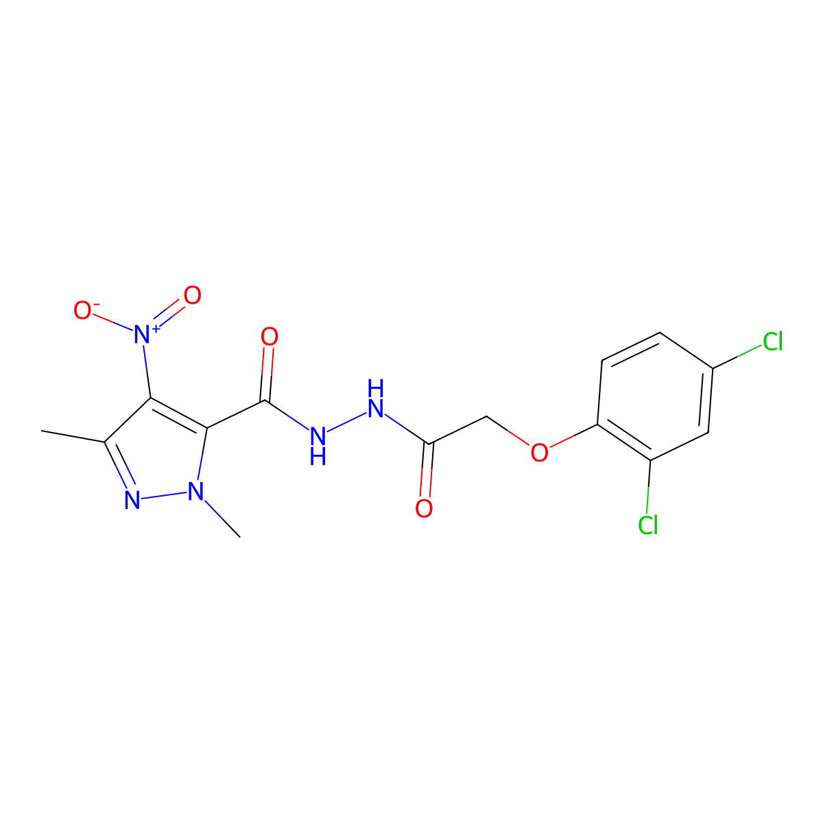 1,3-Dimethyl-4-nitro-1H-pyrazole-5-carboxylic acid 2-[2-(2,4-dichlorophenoxy)acetyl]hydrazide molecular structure, CAS 263156-80-5
