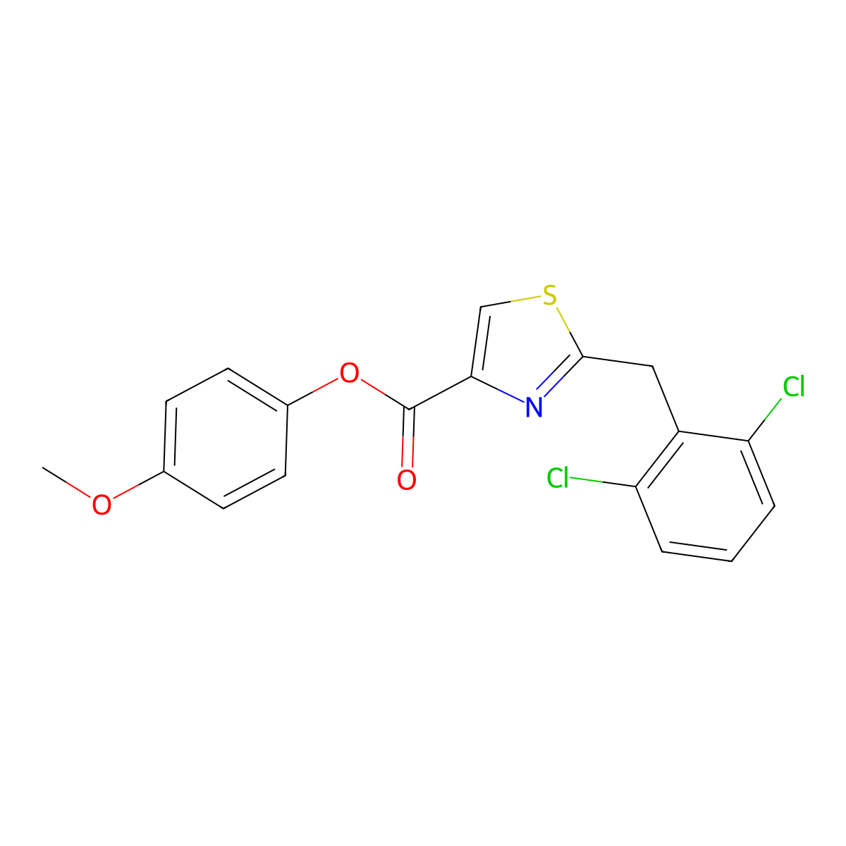 4-Methoxyphenyl 2-(2,6-dichlorobenzyl)thiazole-4-carboxylate molecular structure, CAS 263158-11-8