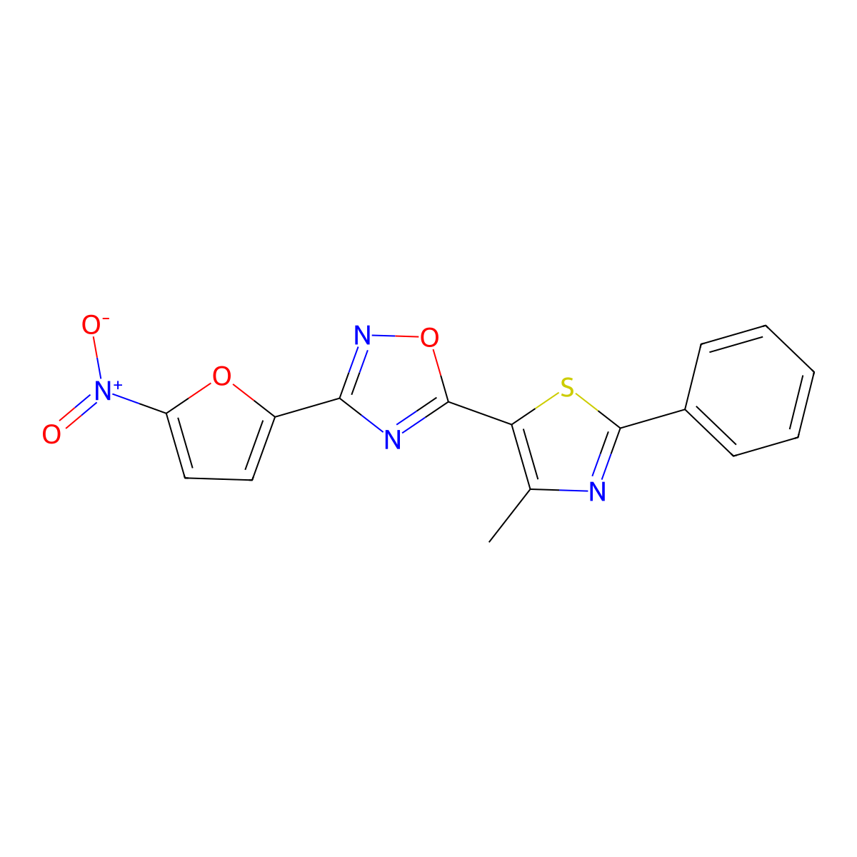 5-(4-Methyl-2-phenylthiazol-5-yl)-3-(5-nitrofuran-2-yl)[1,2,4]oxadiazole molecular structure, CAS 263161-16-6
