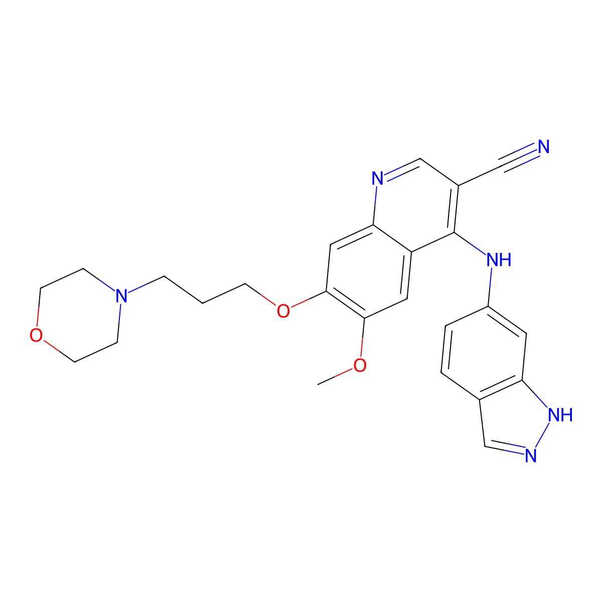 4-((1H-Indazol-6-yl)amino)-6-methoxy-7-(3-morpholinopropoxy)quinoline-3-carbonitrile molecular structure, CAS 263170-58-7