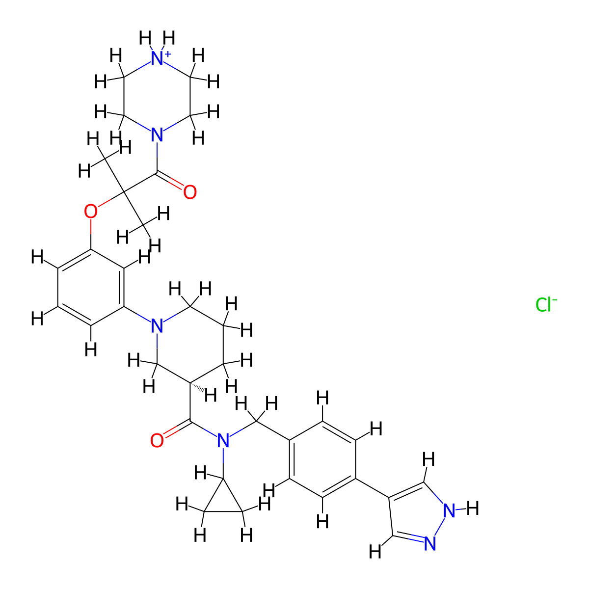 (3R)-N-cyclopropyl-1-[3-(2-methyl-1-oxo-1-piperazin-4-ium-1-ylpropan-2-yl)oxyphenyl]-N-[[4-(1H-pyrazol-4-yl)phenyl]methyl]piperidine-3-carboxamide chloride molecular structure, CAS 2632259-93-7