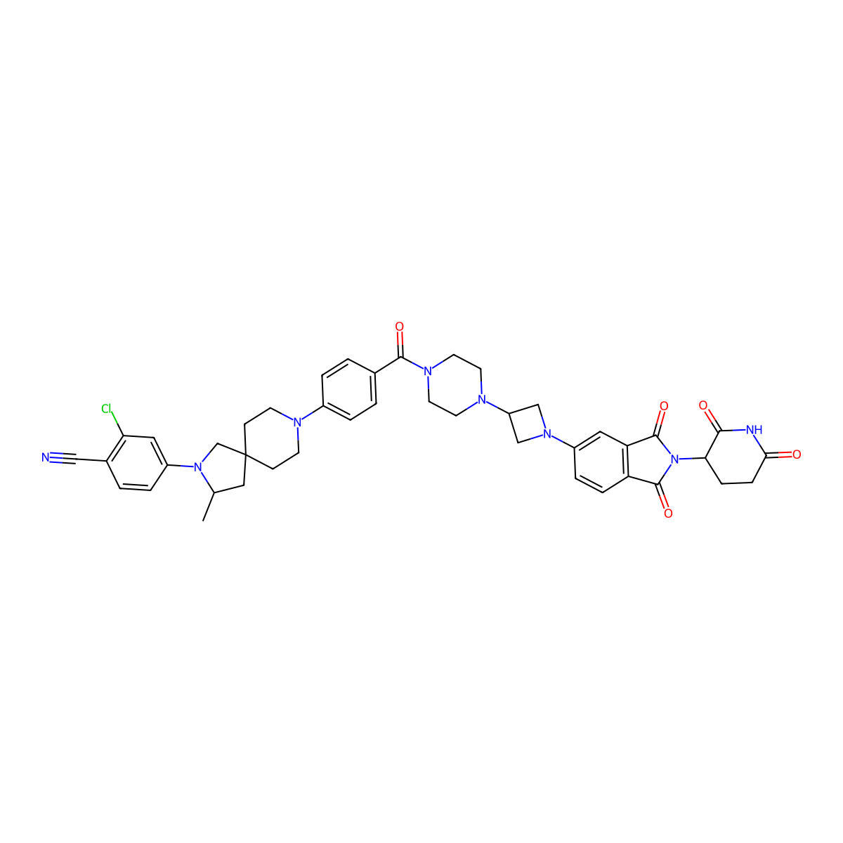 2-chloro-4-[(3S)-8-[4-[4-[1-[2-(2,6-dioxopiperidin-3-yl)-1,3-dioxoisoindol-5-yl]azetidin-3-yl]piperazine-1-carbonyl]phenyl]-3-methyl-2,8-diazaspiro[4.5]decan-2-yl]benzonitrile molecular structure, CAS 2632305-17-8