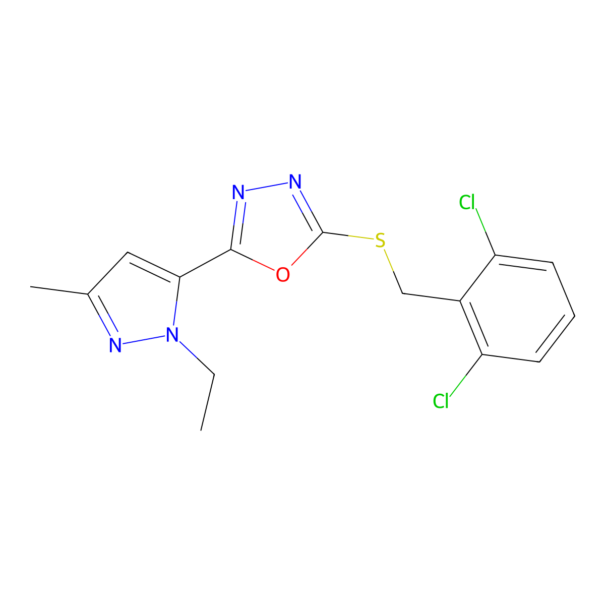 2-[[(2,6-Dichlorophenyl)methyl]thio]-5-(1-ethyl-3-methyl-1H-pyrazol-5-yl)-1,3,4-oxadiazole molecular structure, CAS 263252-10-4