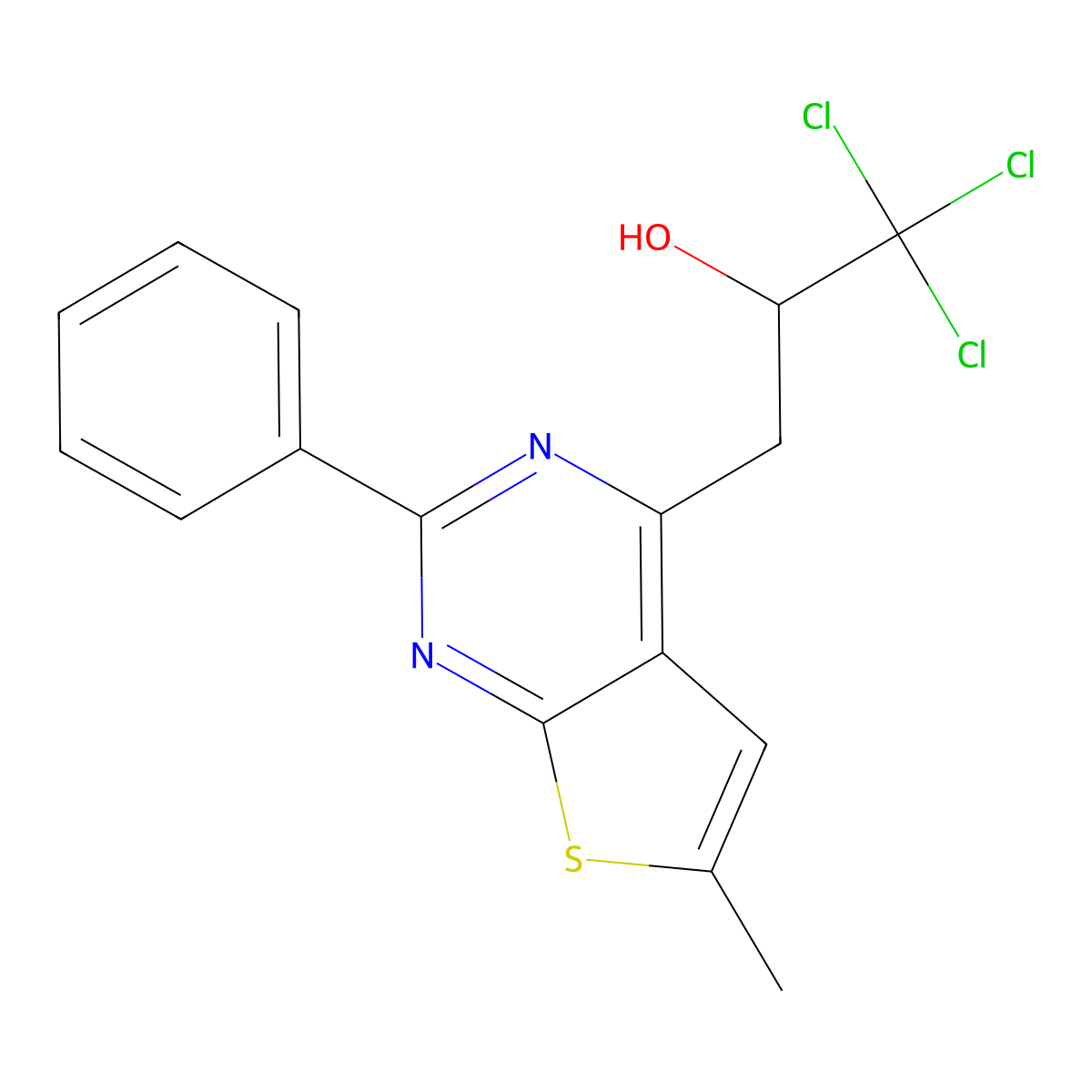 1,1,1-Trichloro-3-(6-methyl-2-phenylthieno[2,3-d]pyrimidin-4-yl)propan-2-ol molecular structure, CAS 263352-22-3
