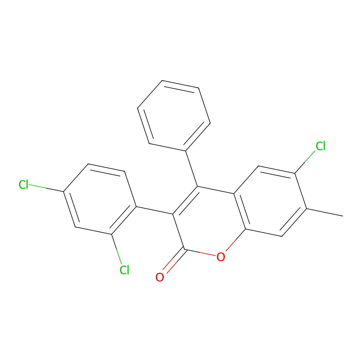 6-Chloro-3-(2,4-dichlorophenyl)-7-methyl-4-phenylchromen-2-one molecular structure, CAS 263364-92-7