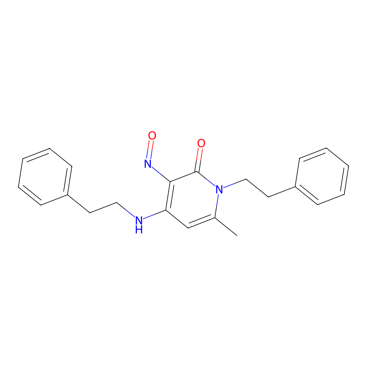 6-Methyl-3-nitroso-1-(2-phenylethyl)-4-(2-phenylethylamino)pyridin-2-one molecular structure, CAS 263383-50-2