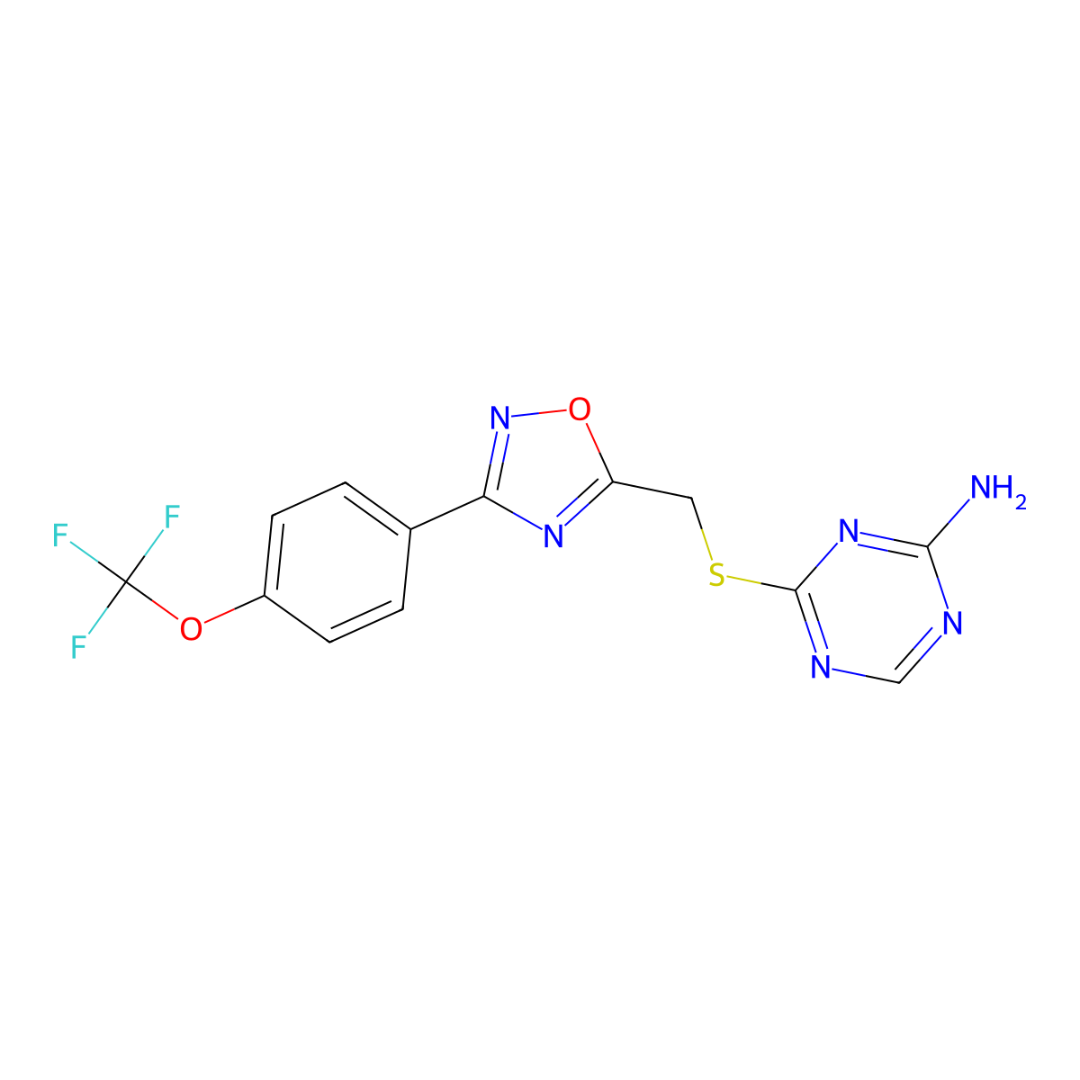 4-[({3-[4-(Trifluoromethoxy)phenyl]-1,2,4-oxadiazol-5-yl}methyl)sulfanyl]-1,3,5-triazin-2-amine molecular structure, CAS 263384-81-2