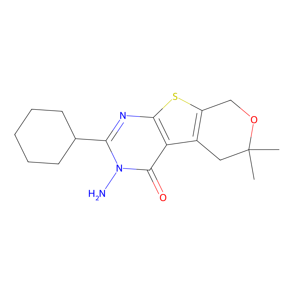 3-Amino-2-cyclohexyl-6,6-dimethyl-3,5,6,8-tetrahydro-pyrano[4',3':4,5]thieno[2,3-d]pyrimidin-4-one molecular structure, CAS 263402-84-2