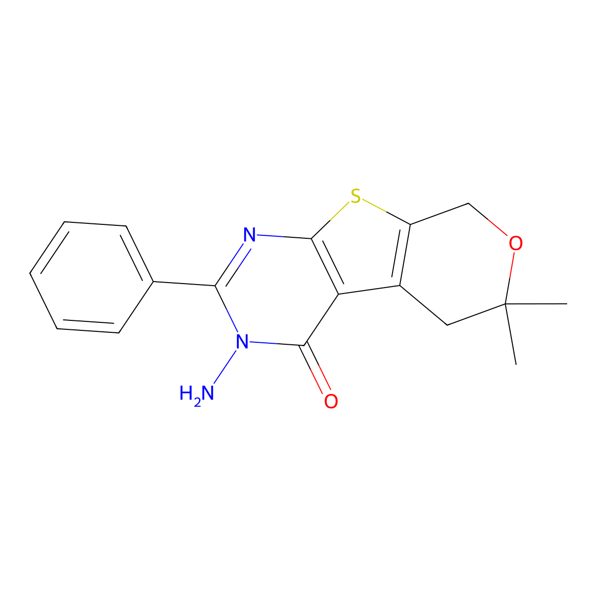3-amino-6,6-dimethyl-2-phenyl-3,5,6,8-tetrahydro-4H-pyrano[4',3':4,5]thieno[2,3-d]pyrimidin-4-one molecular structure, CAS 263402-85-3