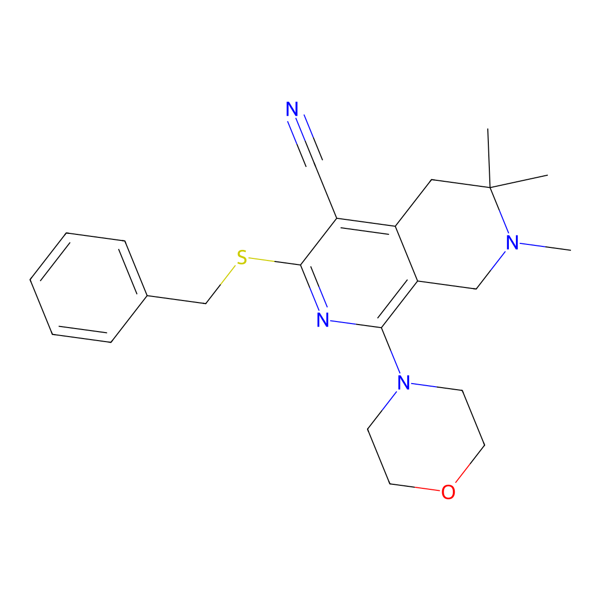 6,6,7-Trimethyl-1-(4-morpholinyl)-3-(phenylmethylthio)-5,8-dihydro-2,7-naphthyridine-4-carbonitrile molecular structure, CAS 263413-42-9