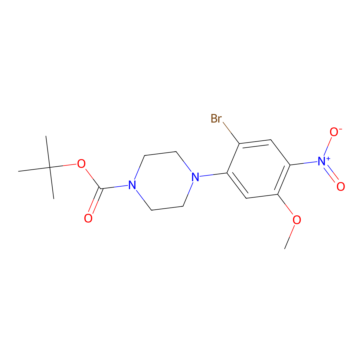 Tert-butyl 4-(2-bromo-5-methoxy-4-nitrophenyl)piperazine-1-carboxylate molecular structure, CAS 2634649-23-1